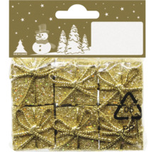 Verpackung goldfarbener, glitzernder Geschenk-Anhänger für den Weihnachtsbaum