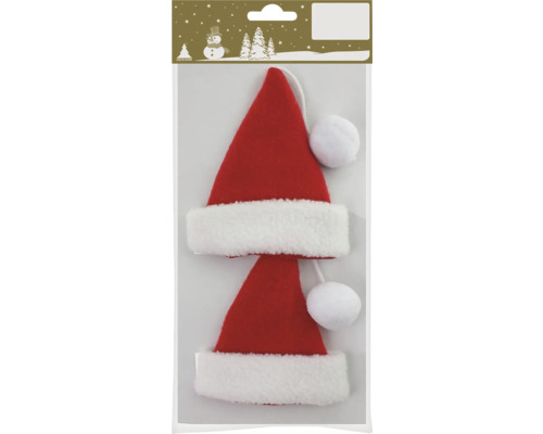 Zwei rote Weihnachtsmannmützen mit weißem Rand und Bommel als Christbaumschmuck