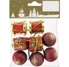 Emballage de décorations de sapin de Noël composé de tambours, de cadeaux et de boules