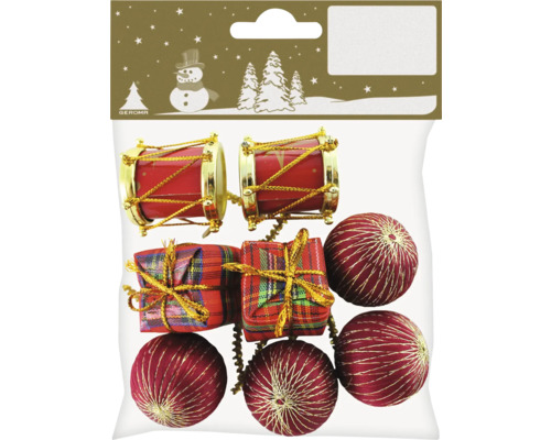 Décoration de Noël set de bricolage 8 pièces cadeaux & boules plastique rouge or Emballage de décorations de sapin de Noël composé de tambours, de cadeaux et de boules