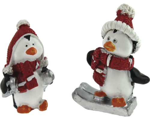 Dekofigur Pinguine Polyresin 4,7cm 2 Stück weiss-schwarz Zwei Pinguinfiguren mit Mützen und Schals für die Weihnachtsdekoration