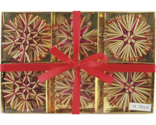 Suspension pour sapin de Noël étoiles en paille ornements en paille Ø 11 cm nature rouge 16 pièces Paquet cadeau avec seize étoiles de paille et un nœud