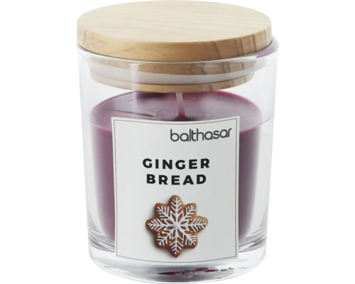 Bougie parfumée en verre avec parfum de pain d'épices et couvercle en bois