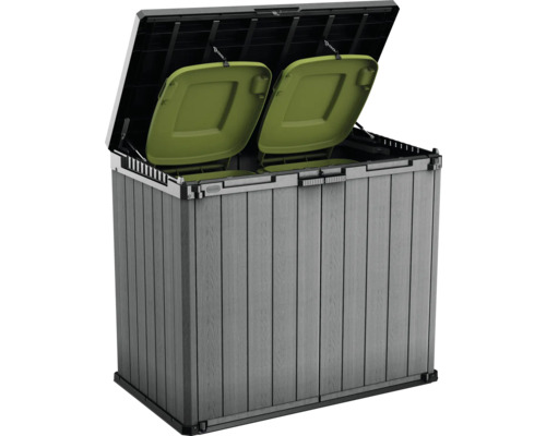 Mülltonnenbox mit zwei grünen Deckeln im geöffneten Zustand