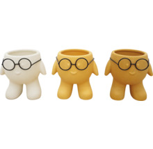 Trois pots de fleurs avec un design de lunettes