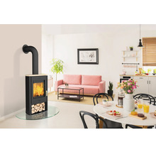 Salon avec poêle à bois, canapé et table à manger