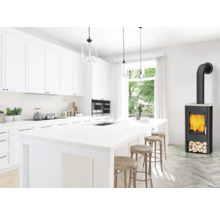 Heller Wohnraum mit Küchenzeile, Tresen mit Barhockern und Kaminofen