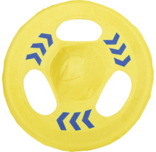 Gelber Stoff-Frisbee mit blauen Pfeilen und Löchern