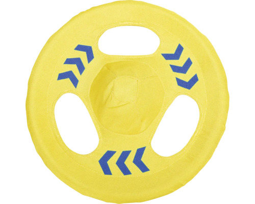 Gelber Stoff-Frisbee mit blauen Pfeilen und Löchern