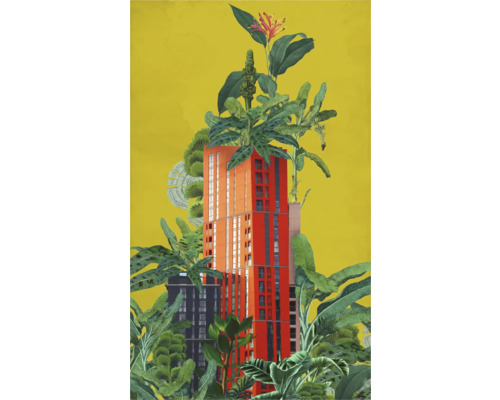 Illustration d'un immeuble de grande hauteur entouré de plantes
