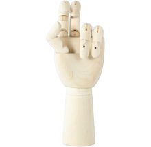 Hölzerne Gelenkhand, die das Victory-Zeichen zeigt