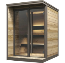 Sauna moderne en bois avec toit plat, grande façade vitrée et éclairage intérieur.