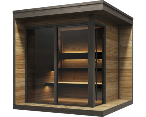 Sauna d'extérieur moderne en bois avec façade vitrée, toit plat et éclairage intérieur intégré sur les bancs.