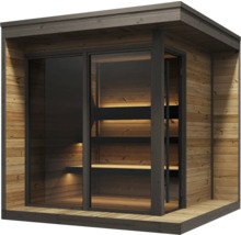 Moderne Gartensauna aus Holz mit grosser Glasfront und beleuchteten Innenbänken auf mehreren Ebenen.
