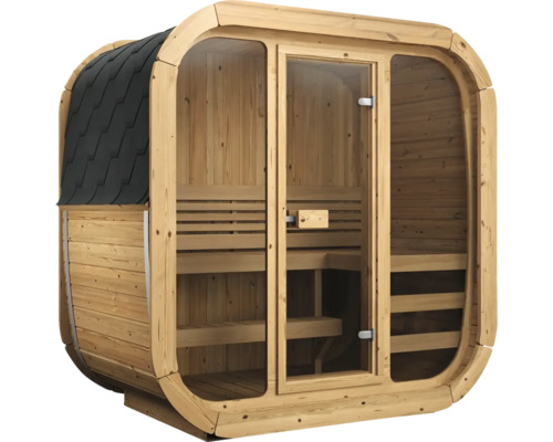Sauna tonneau en bois avec façade vitrée, bardeaux de toit noirs et bancs en bois à deux niveaux à l'intérieur.