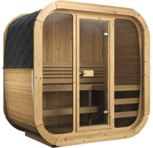 Moderne Aussensauna aus Holz mit grosser Glasfront und Schindeldach. Innenraum mit zweistufigen Holzbänken.