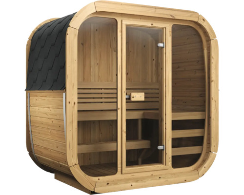 Moderne Aussensauna aus Holz mit grosser Glasfront und Schindeldach. Innenraum mit zweistufigen Holzbänken.