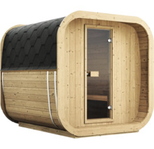 Sauna tonneau en bois avec angles arrondis, toit en bardeaux noirs et porte vitrée pour l'extérieur.