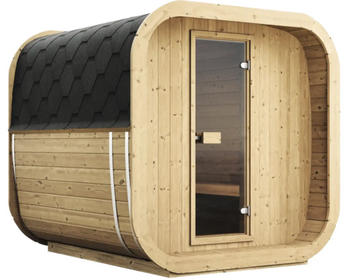 Sauna tonneau en bois avec angles arrondis, toit en bardeaux noirs et porte vitrée pour l'extérieur.