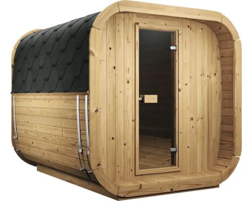Fasssauna aus Holz für den Garten mit schwarzem Schindeldach und einer Glastüre.