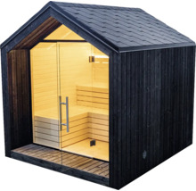 Sauna de jardin moderne avec revêtement en bois foncé, toit à deux pans avec bardeaux et façade vitrée. Intérieur avec bancs en bois clair.