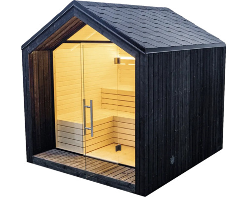 Sauna de jardin moderne avec revêtement en bois foncé, toit à deux pans avec bardeaux et façade vitrée. Intérieur avec bancs en bois clair.