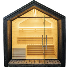 Sauna de jardin moderne avec façade en verre, intérieur en bois clair, éclairage LED et bancs sur plusieurs niveaux.