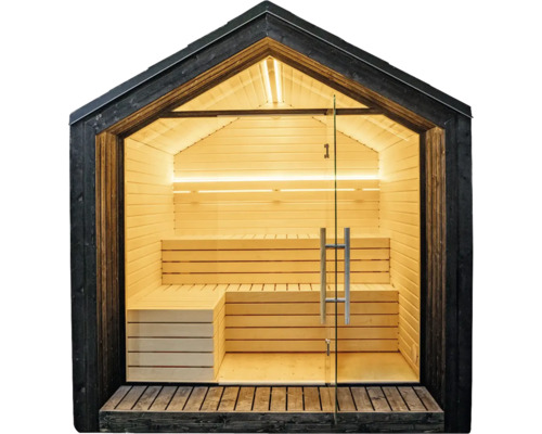 Sauna de jardin moderne avec façade en verre, intérieur en bois clair, éclairage LED et bancs sur plusieurs niveaux.