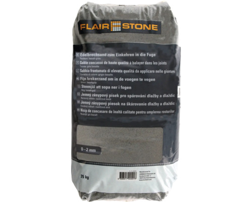 FLAIRSTONE Edelbrechsand grau 0 - 2 mm 25 kg Sack mit Pflasterfugensand in Basaltgrau mit einer Korngröße von 0 bis 2 Millimeter und einem Gewicht von 25 Kilogramm