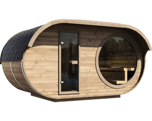 Sauna extérieur ovale en bois avec porte vitrée, grande fenêtre ronde et toit en bardeaux.