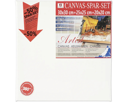 Leinwand Sparset mit drei Keilrahmen in den Größen 30x30 cm, 25x25 cm und 20x20 cm