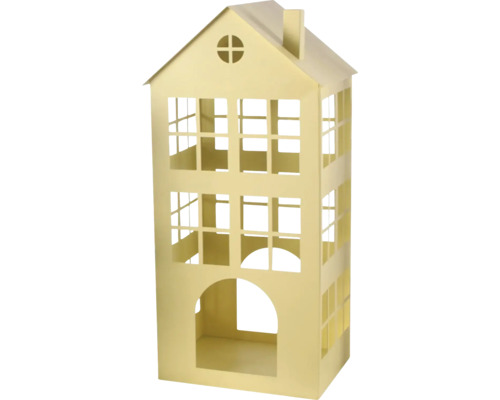 Lanterne métal maison 22 cm x 45 cm jaune Maison décorative en métal avec ouvertures de fenêtres et une arche d'entrée