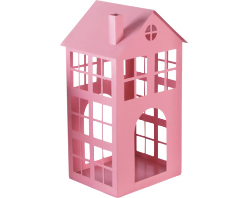 Lanterne métal maison 20 cm x 36 cm rose Maison décorative en bois avec ouvertures pour fenêtres et portes
