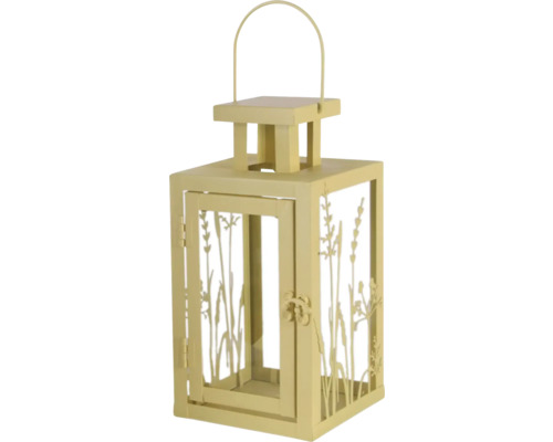 Lanterne métal maison 12 cm x 24 cm jaune Lanterne décorative avec motif de plantes