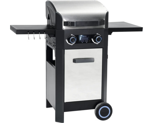 Gasgrill mit Edelstahlhaube, Drehreglern und Seitentischen