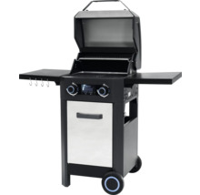 Gasgrill mit offenem Deckel, Seitentischen und Unterschrank