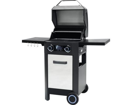 Gasgrill mit offenem Deckel, Seitentischen und Unterschrank