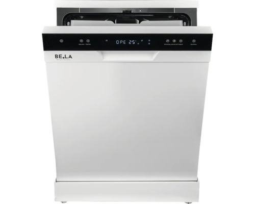 Lave-vaisselle blanc de la marque Be.La avec porte légèrement ouverte.