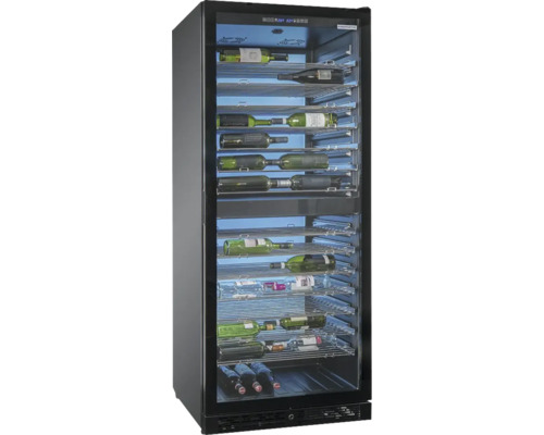 Cave à vin avec façade en verre et plusieurs bouteilles de vin