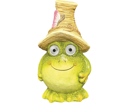 Figurine de jardin grenouille avec yeux solaires et chapeau