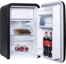 Petit réfrigérateur ouvert avec boissons et aliments