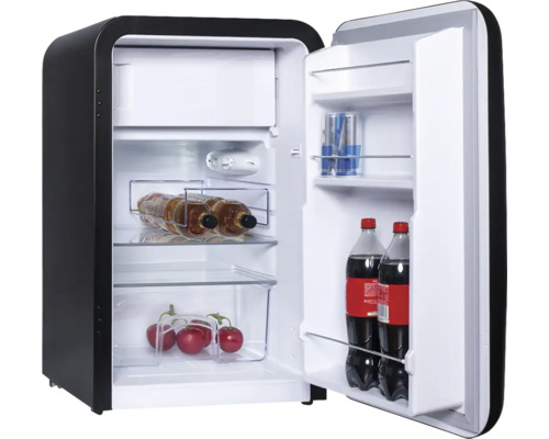 Petit réfrigérateur ouvert avec boissons et aliments