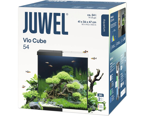 Verpackung des Juwel Vio Cube 54 Aquariums mit Informationen zu Größe und Ausstattung