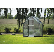 Gewächshaus mit Regalen im Garten