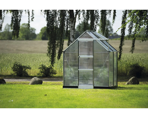 Gewächshaus mit Regalen im Garten