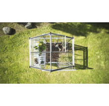 Draufsicht Gewächshaus im Garten mit Pflanzen und Gartengeräten