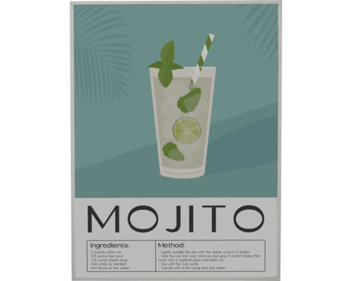 Illustration eines Mojito-Rezepts mit Zutaten und Zubereitungsmethode