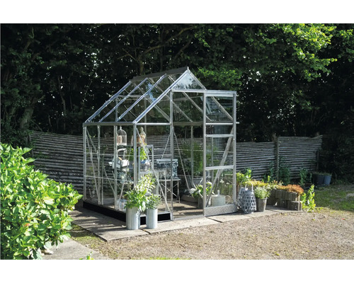 Gewächshaus im Garten mit Pflanzen und Dekoration