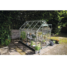 Gewächshaus im Garten mit Pflanzen und Gartenzubehör