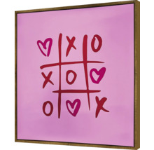 Dekoratives Bild mit Herz, Kreuzen und Kreisen auf rosa Hintergrund im Holzrahmen